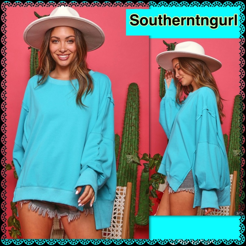 FANTASTIC FAWN Long Sleeve Oversized High Low French Terry Sweatshirt/ Tunic Top